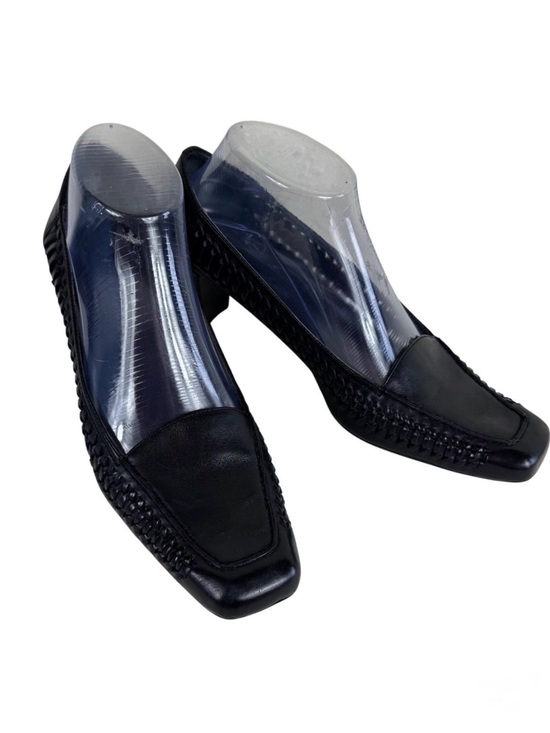 Etienne Aigner Shoes - Etienne Aigner Womens Black Leather Woven Whipstitch Square Toe Block Heel Pumps